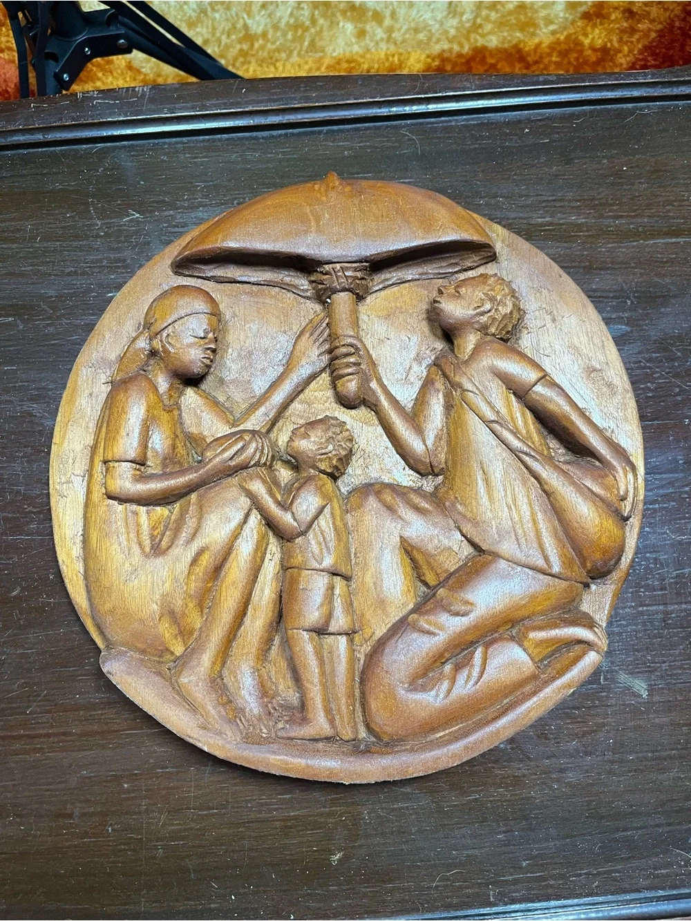 Handcrafted Brown Wood Relief Family Wall Art